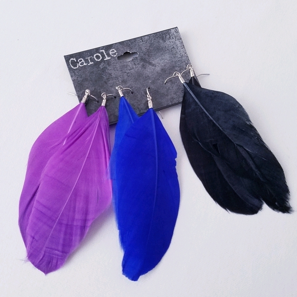 Carole 3 Pairs of Feather Earrings (Blue,Purp,Blk)